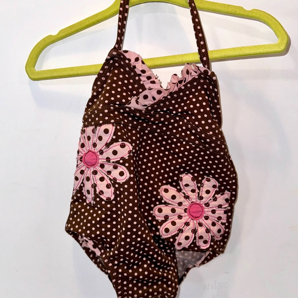Green dog brown and pink baby bathing suit size 12 month